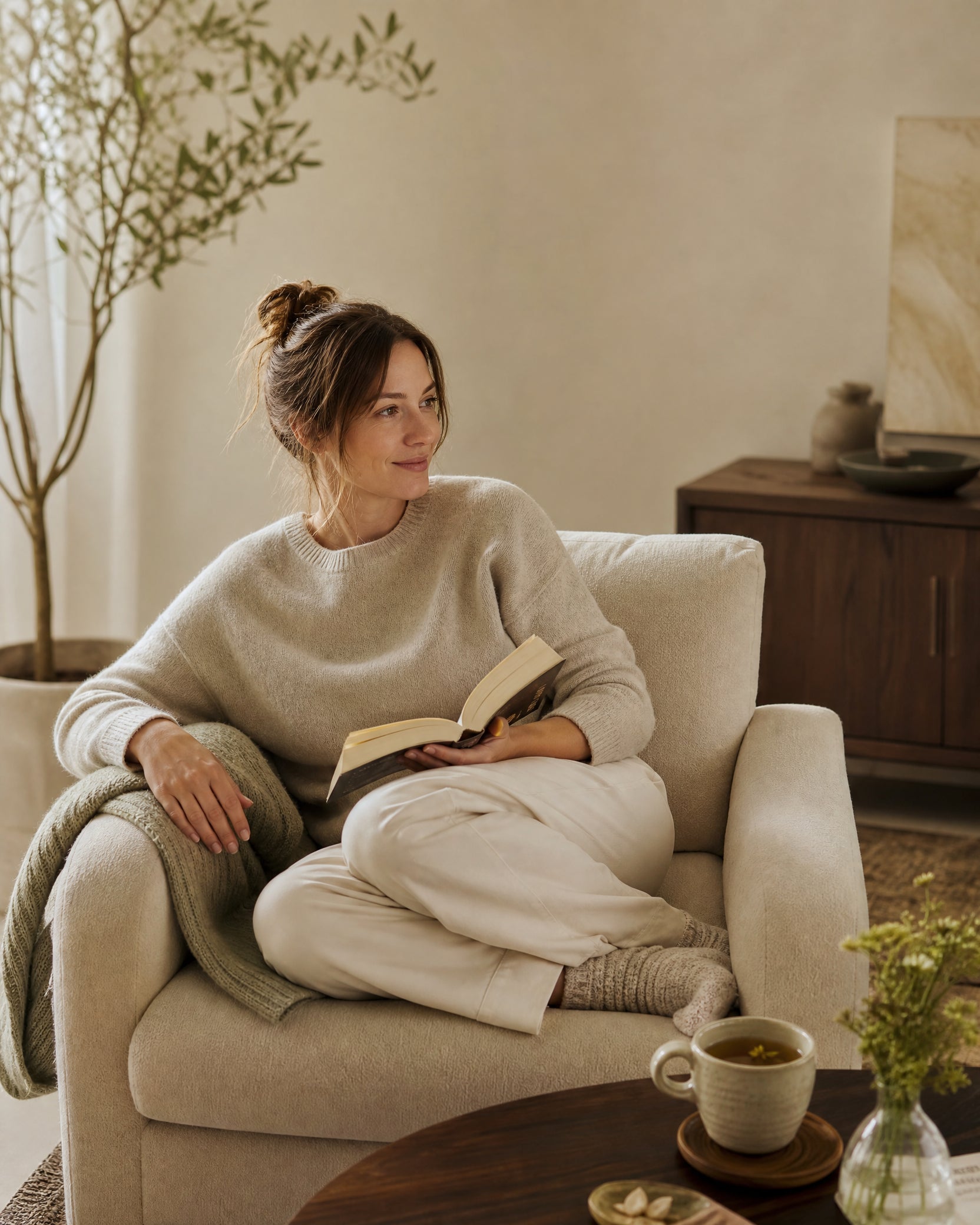 Woman wearing a comfortable everyday outfit in a bright living room
