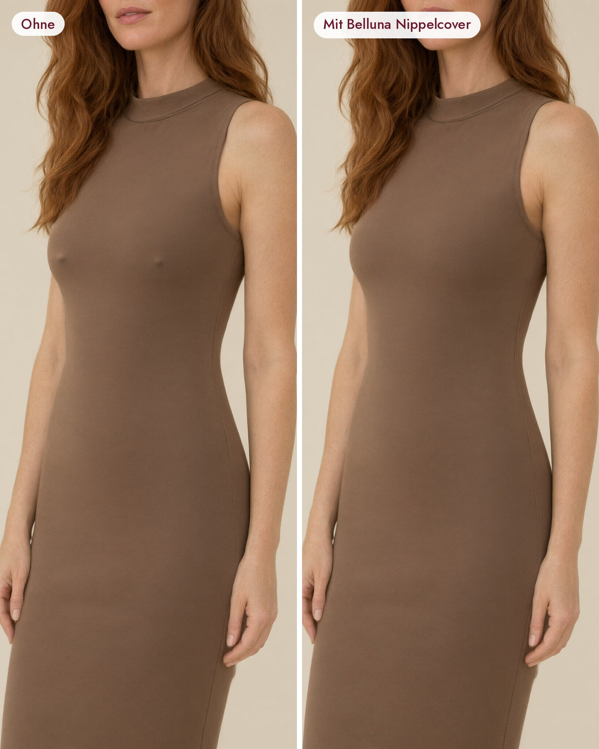 Ohne und mit Belluna Nippelcover unter einem engen Kleid