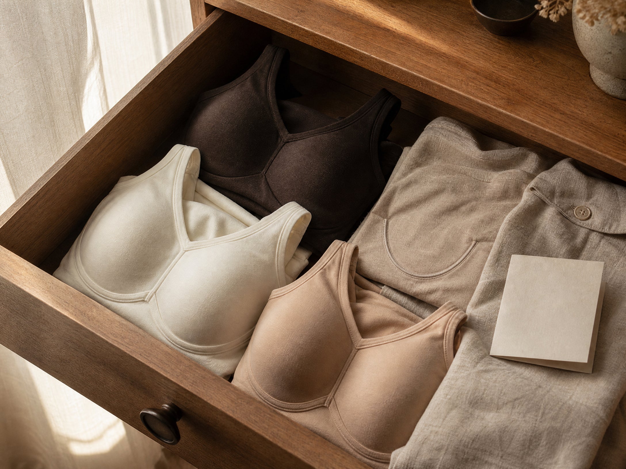 Neutral-coloured lingerie in an open drawer
